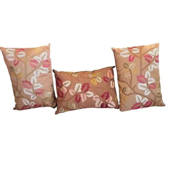 Pier 1 Pillows Embroidered Leaf Lumbar Set of 3 Couch Rectangular Brown Zipper - Picture 3 of 11